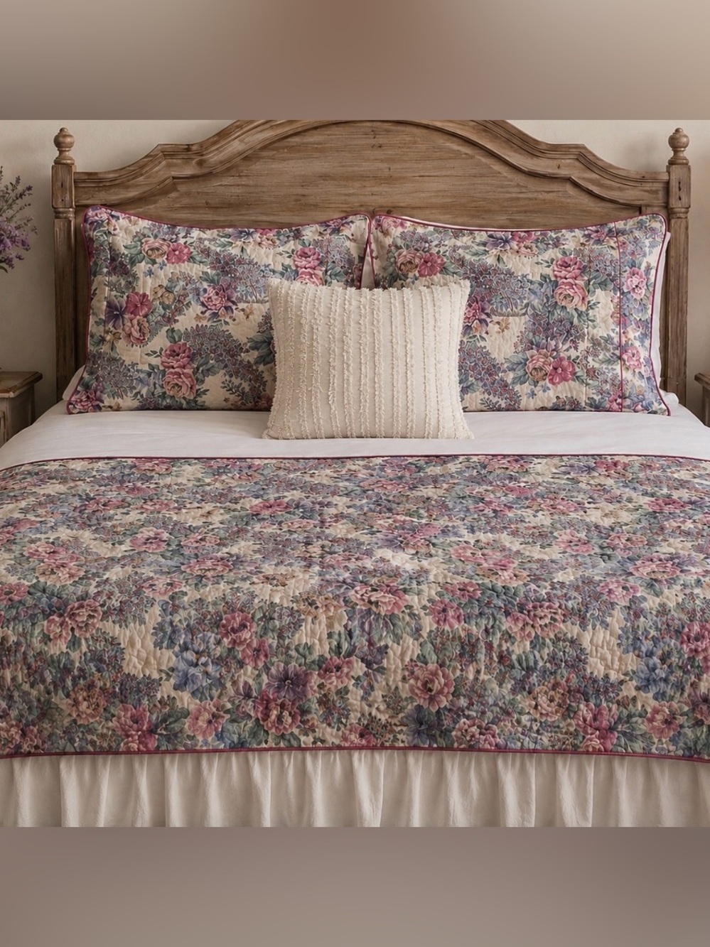 Vintage Croscill Floral Quilted Set in Cream with Pink & Blue Floral Accents